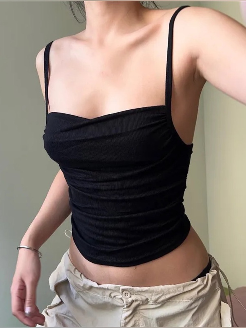 Black Ribbed Spaghetti Strap Tank Top
